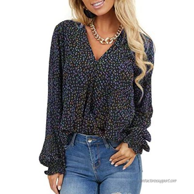 MLEBR Womens Long Sleeve V Neck Casual Floral Leopard Printed Chiffon Blouses Tops T Shirts