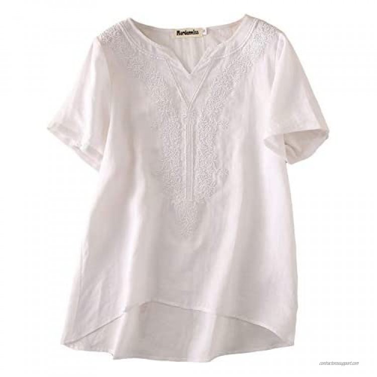 Mordenmiss Women's Embroidered Blouse Tunic V-Neck Linen Tops Short Sleeve Hi-Low Hem Shirt