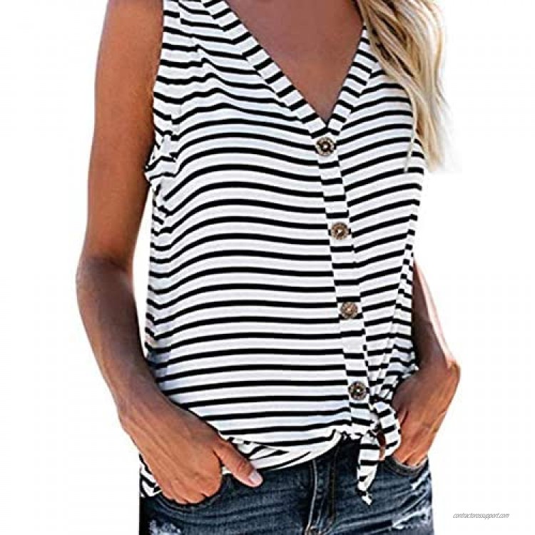 NUOREEL Womens Striped Button Down V Neck Tops Ruffle Sleeveless Tie Knot Blouses and Tops