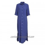 qfmqkpi Women's Solid Color 3/4 Rolled-Up Sleeve Shirts Dress Buttons Down Side Slit Maxi Dresses