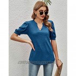 Romanstii Women Casual V-neck T-Shirts Loose Puff Short-Sleeve Tops Tunic Blouse