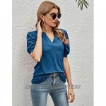 Romanstii Women Casual V-neck T-Shirts Loose Puff Short-Sleeve Tops Tunic Blouse