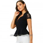 SheIn Women's Elegant Lace Sweetheart V Neck Short Sleeve Peplem Blouse Shirt Top