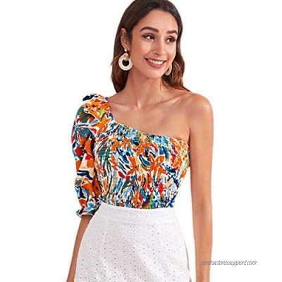 SOLY HUX Women's One Shoulder Puff Short Sleeve Printed Crop Top Blouse