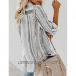 Womens Button Down Shirts Bohemian Striped Long Sleeve Blouse Casual Roll-up Tops Pockets