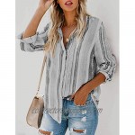 Womens Button Down Shirts Bohemian Striped Long Sleeve Blouse Casual Roll-up Tops Pockets