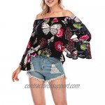 Women's Sexy Off The Shoulder Tops Floral Print Elastic Neckline Flare Sleeve T-Shirt Blouses