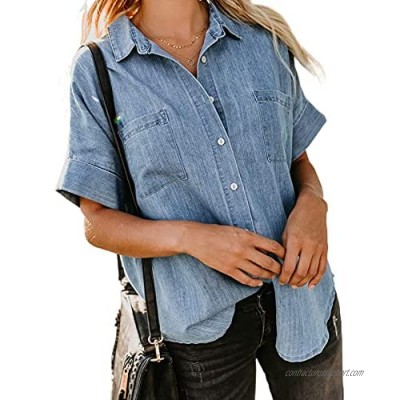 Womens Short Sleeve Shirts Denim Button Down Blouse V Neck Casual Tops with Pockets