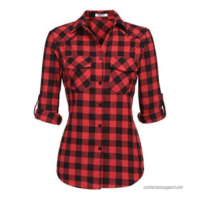 Zeagoo Womens Flannels Long/Roll Up Sleeve Plaid Shirts Cotton Check Gingham Top S-3XL