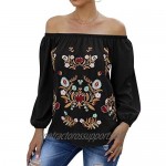 ZXZY Women Embroidered Off Shoulder Long Sleeve Bohemian Floral Blouse Top Tshirt