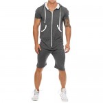 COOFANDY Men Hooded Tracksuit Zipper Jumpsuit Casual Contrast Color Short Sleeve Comfy Playsuit Shorts (Grey XXL)