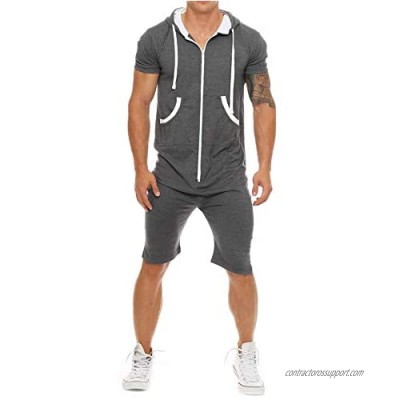 COOFANDY Men Hooded Tracksuit Zipper Jumpsuit Casual Contrast Color Short Sleeve Comfy Playsuit Shorts (Grey  XXL)