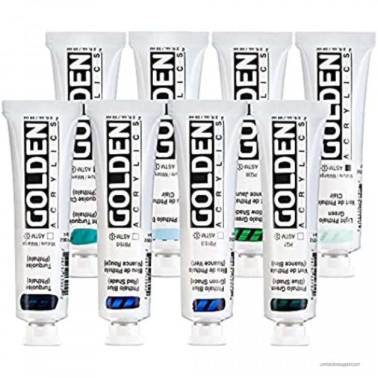 Golden Heavy Body Acrylic Paint Phthalo Set of 8 Colors | Blue (GS) Blue (RS) Green (BS) Green (YS) Turquoise Light Turquoise Light Blue Light Green | 2 Ounce Tubes