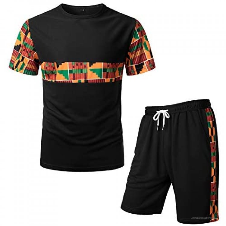 LucMatton Men's African Pattern Printed T-Shirt and Shorts Set Sports Mesh Tracksuit Dashiki Outfits