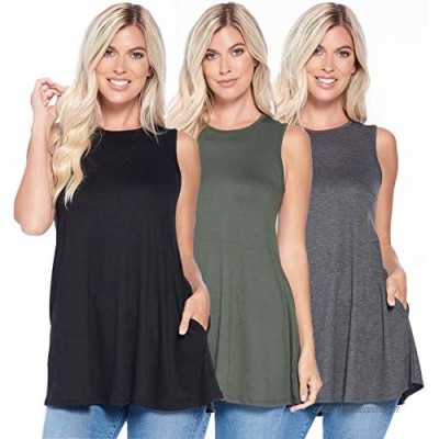3 Pack Women's Sleeveless Basics Tunic – Round Neck Swing Flowy Long Tank Tops - Made in The USA