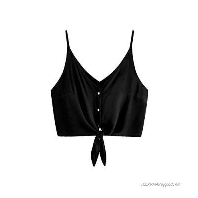 MakeMeChic Women's Casual V Neck Button Self Tie Front Crop Cami Tops Camisole