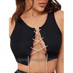 SheIn Women's Sexy Sleeveless Round Neck Lace Up Rib-Knit Plain Crop Tank Top