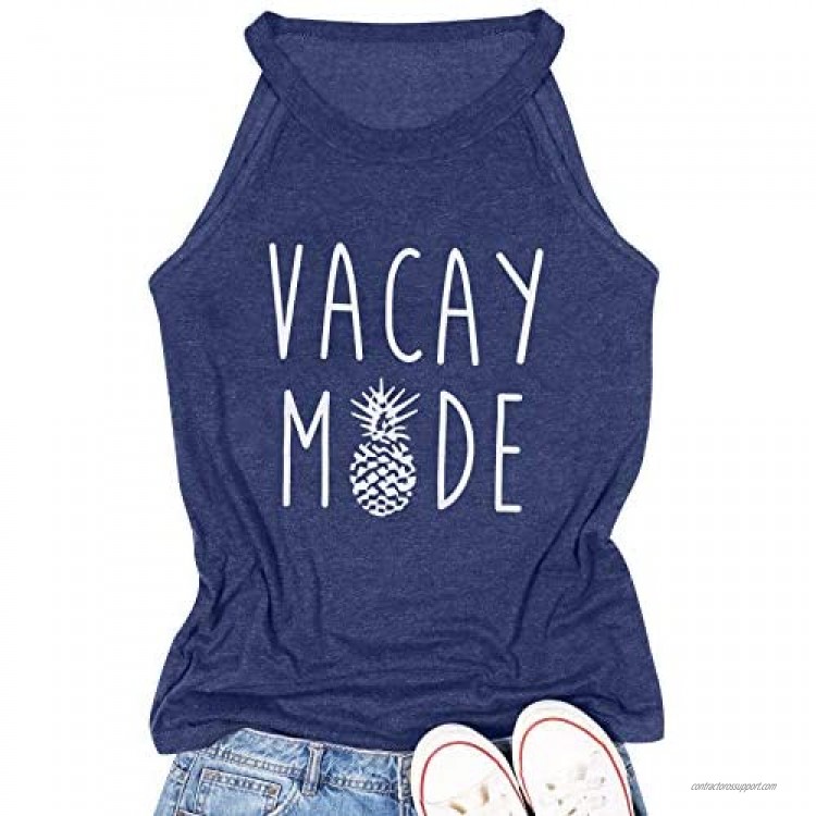 FLOYU Vacay Mode Tank Women Pineapple Graphic Tee Letter Print Tank Tops Summer Sleeveless Tank Casual Shirt