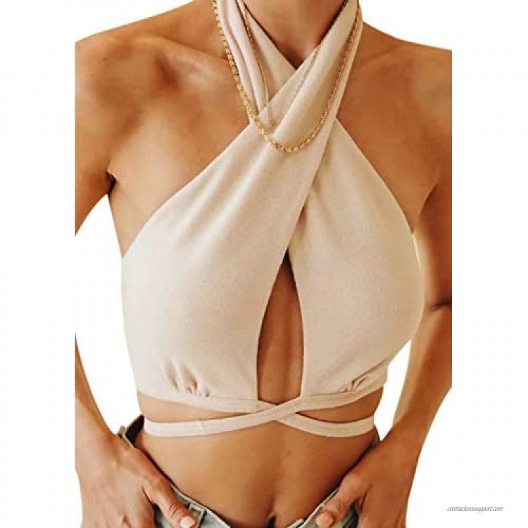 SAFRISIOR Women's Sexy Criss Cross Backless Wrap Crop Halter Top Sleeveless Cut Out Bandage Halter Crop Tops