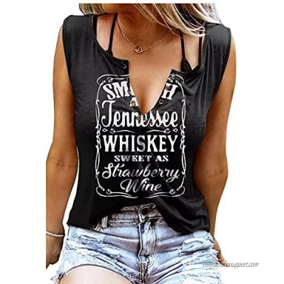 Smooth As Tennessee Whiskey Sweet As Strawberry Wine Tank Top Women Country Music Tee Ring Hole Summer Sexy V-Neck Shirt