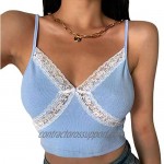 Sofia's Choice Women’s Lace Patchwork V Neck Ribbed Kint Spaghetti Strap Crop Cami Tank Top