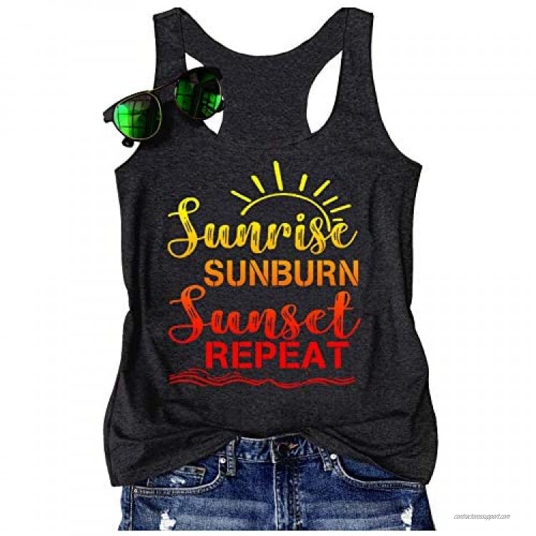 Sunrise Sunburn Sunset Repeat Tank Tops Women Sunshine Graphic Country Music Tees Vest Summer Beach Vacation Camis Tops