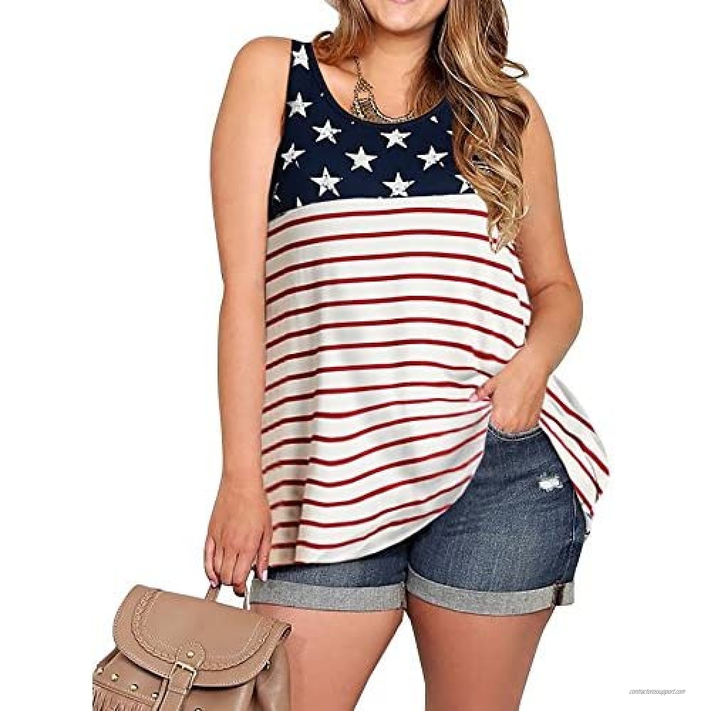 Summer Tops for Women O-Neck Sleeveless Independence Day Flag Print Tank Tops Shirts Plus Size Tops 