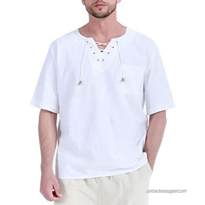 Fashonal Mens Linen Shirt Renaissance Casual Cotton Short Sleeve T Shirts Summer Tunic Tops for Men  White  Medium