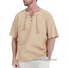 Fashonal Mens Linen Shirt Renaissance Casual Cotton Short Sleeve T Shirts Summer Tunic Tops for Men  Light Khaki  Medium
