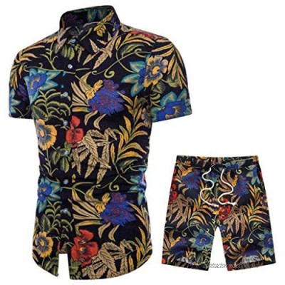 Men Hawaiian Shirt Pants 2 Piece Set Summer Short Sleeve Floral Print Button Down Tops Shorts Outfit