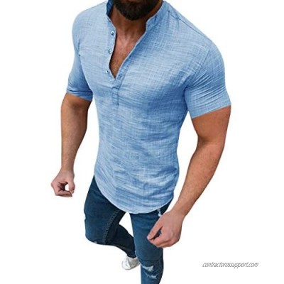 Men Linen Shirt 2019 New Casual Sexy Short Sleeve Slim Fit V Neck Henley Tops