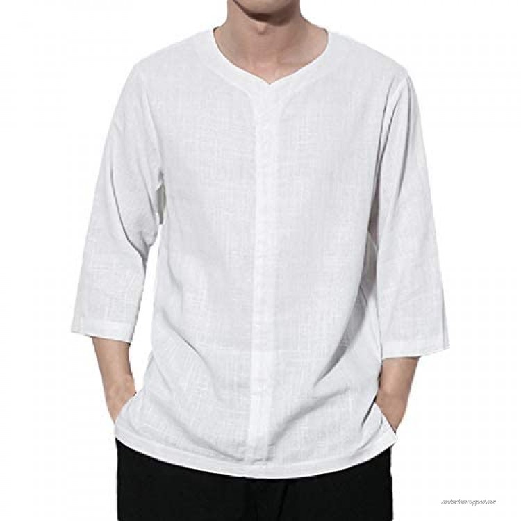 Mens Banded Collar Blouse - Linen Cotton Henley Shirt - 3/4 Sleeve V Neck Casual Yoga Tops