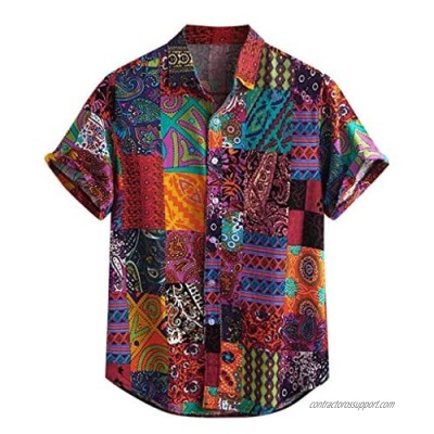 Men's Casual Henley Shirt Ethnic Tribal Paisley Printed Short Sleeve Summer Beach Blouse Tops