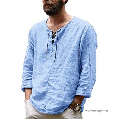 Men's Cotton Linen Henley Shirt Long Sleeve Drawstring Casual V Neck Lace-Up Plain Tops