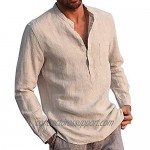 Men's Cotton Linen Henley Shirt - Loose Fit Long Sleeve T-Shirt Beach Yoga Tops
