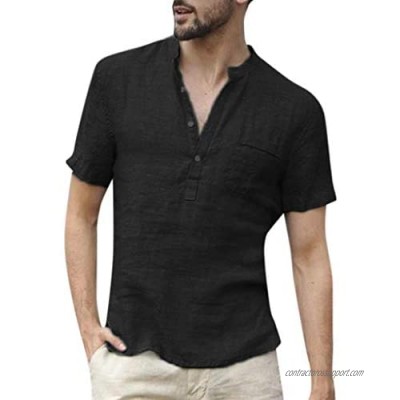 Mens Linen Shirts Short Sleeve Beach Henley Shirt Summer Button Up Tops Cotton Lightweight Tees Hippie Shirts