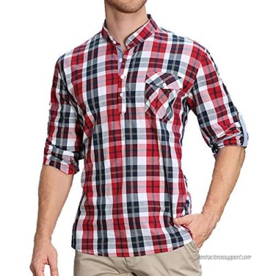 PJ PAUL JONES Men's Long Sleeves Henley Shirts Pocket Plaid Shirts Cotton Henleys
