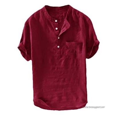 Pretifeel Mens Linen Henley Shirt Short Sleeve Beach Slim Fit Fashion Casual Tee Summer Lightweight Plain Blouse (Medium  03 Red)