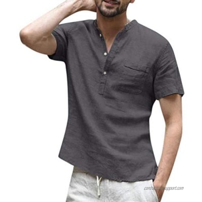 Realdo Mens Button Down Shirt Cotton Linen Men's Casual Solid Color Short Sleeve Retro T Shirts Tops with Pocket