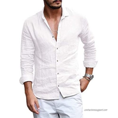 Mens Button Down Shirt Linen Cotton Shirts Casual Long Sleeve Spread Collar Lightweight Beach Plain Tops