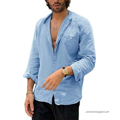 Men's Linen Shirts Casual Button Down Long Sleeve Loose Summer Shirts Lightweight Cotton Beach Yoga Shirt Tops with Pocket
