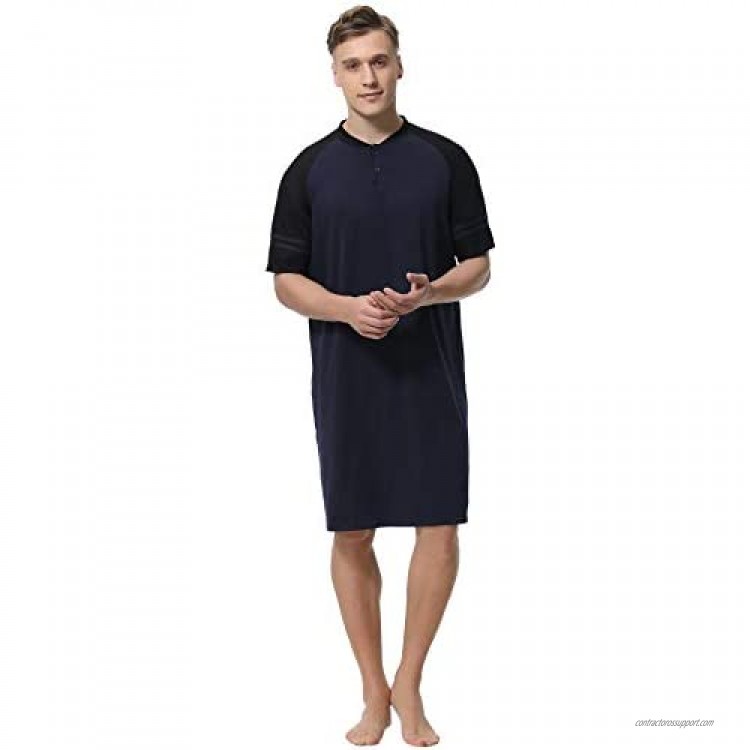Aibrou Mens Nightshirt Cotton Short Sleeve Nightwear Comfy Henley Sleepwear