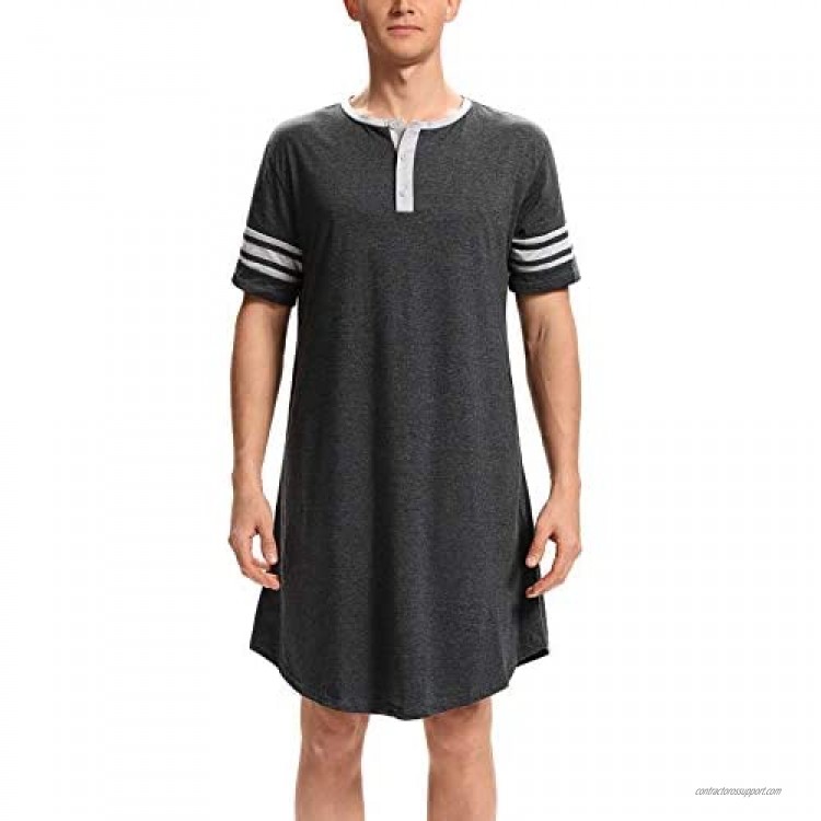 Kyonuza Men's Nightshirt Cotton Sleep Shirt Big&Tall Nightwear Short Sleeve Henley Loose Nightgown Sleepwear with Pockets