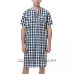 Sykooria Men's Nightgown Short Sleeve Henley Kaftan Knee Length Sleep Shirt Comfy Plaid Nightshirt with Pocket