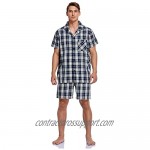 ANSEHO Cotton Men's Plaid Pajamas Set Summer Short Top and Bottom Sleepwear