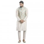 Elina fashion Men's Indian Cotton Kurta Pajama and Printed Nehru Jacket (Waistcoat) Indian Wedding Ethnic Diwali Puja Set