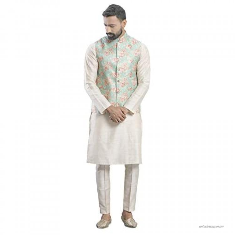 Elina fashion Men's Indian Cotton Kurta Pajama and Printed Nehru Jacket (Waistcoat) Indian Wedding Ethnic Diwali Puja Set