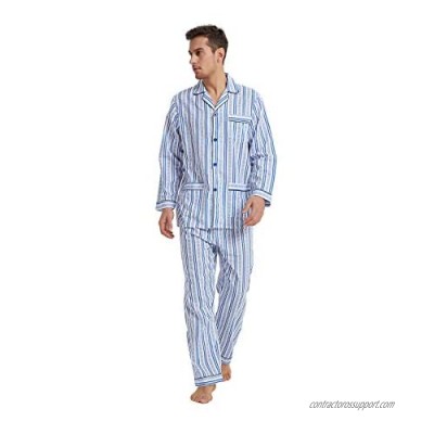 GLOBAL Mens Pajamas Set  100% Cotton Woven Drawstring Sleepwear Set with Top and Pants/Bottoms