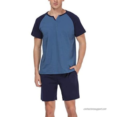 Hawiton Men's 100% Cotton Pajamas Set Short Sleeve Crew Neck Lounge Sleepwear