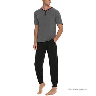 KINGBEGA Men's Cotton Sleepwear PJs Henley Shirts for Men Lounge Wear Top and Bottom Long Pajamas Set